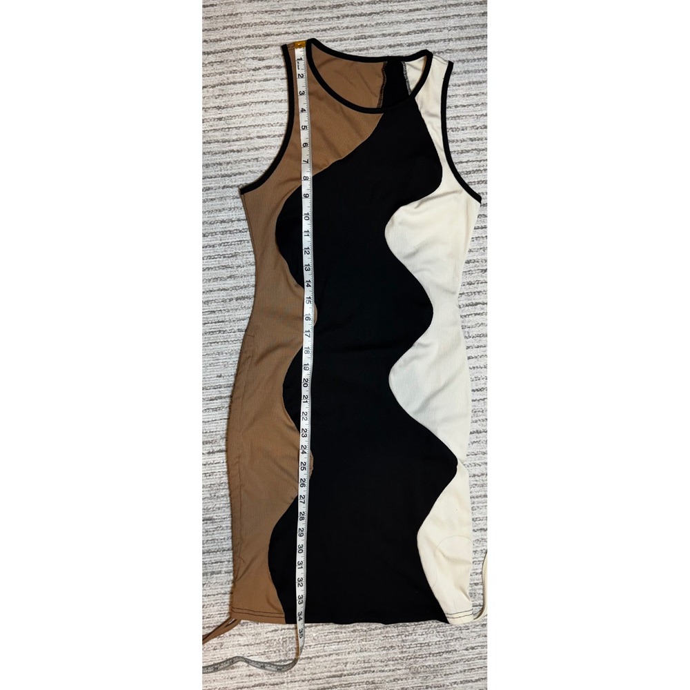 SHEIN‎ Women Wavy Colorblock Ribbed Bodycon Mini Dress Tan Black Cream Size 6 M - Picture 5 of 7